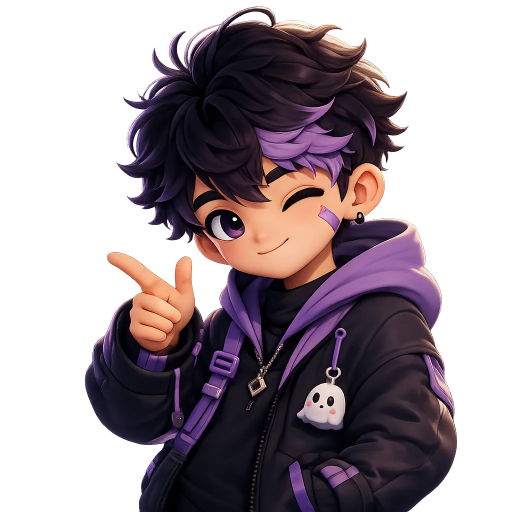 UrbanXPixels mascot — chibi character in a purple hoodie, winking