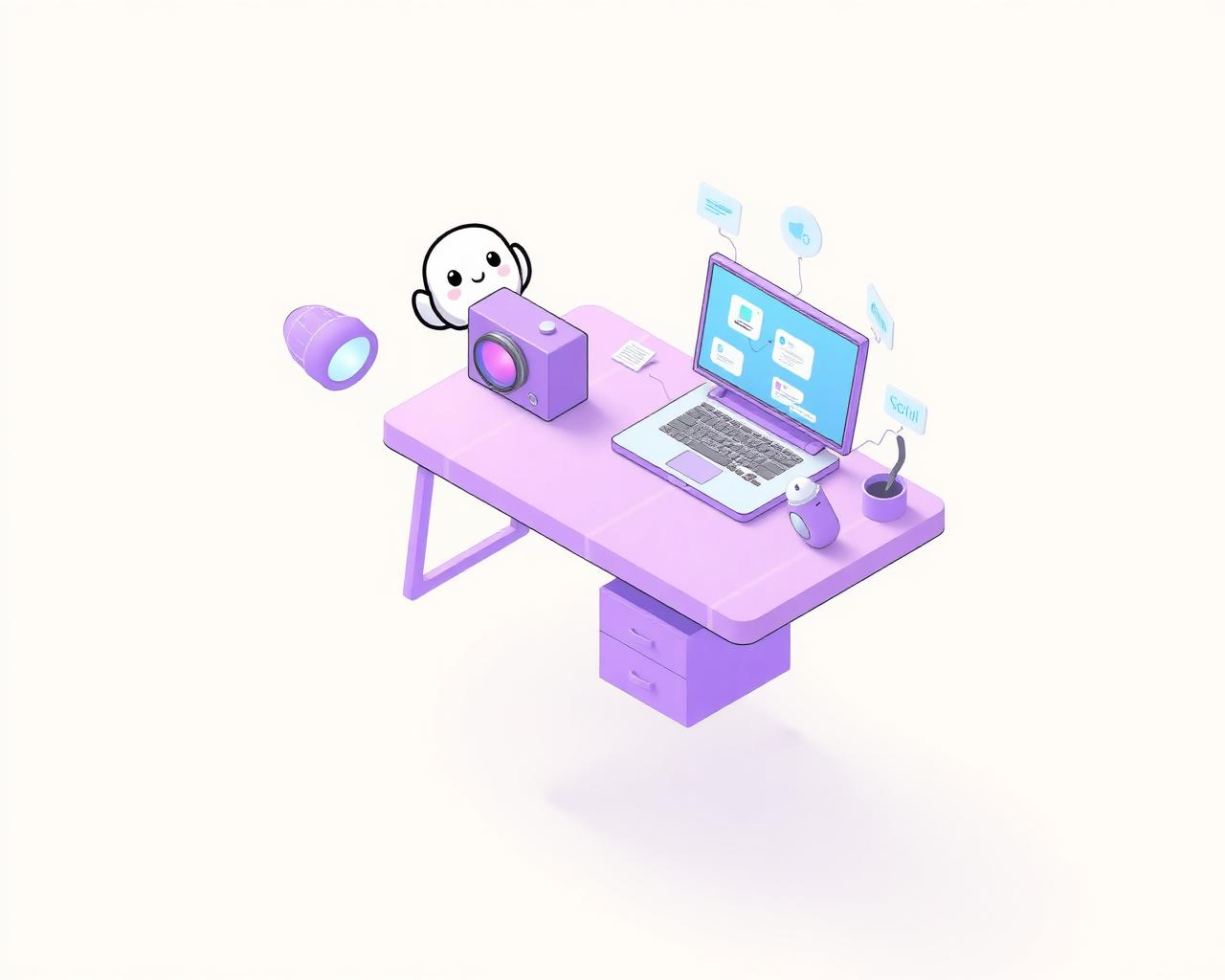 Illustrated studio desk with laptop, camera, chat bubbles and a ghost mascot